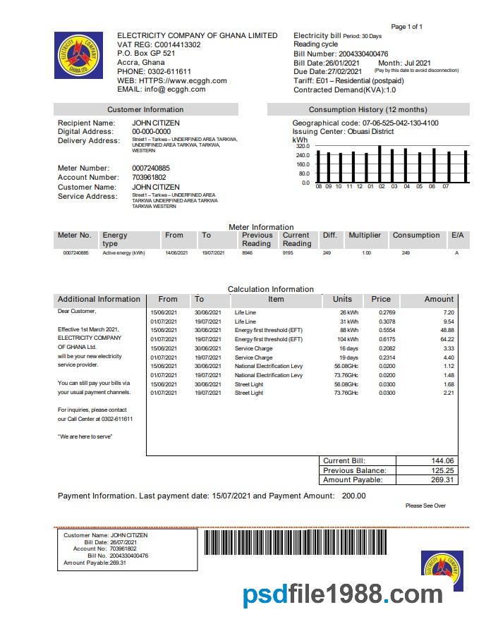 Ghana Electricity Company of Ghana Utility Bill